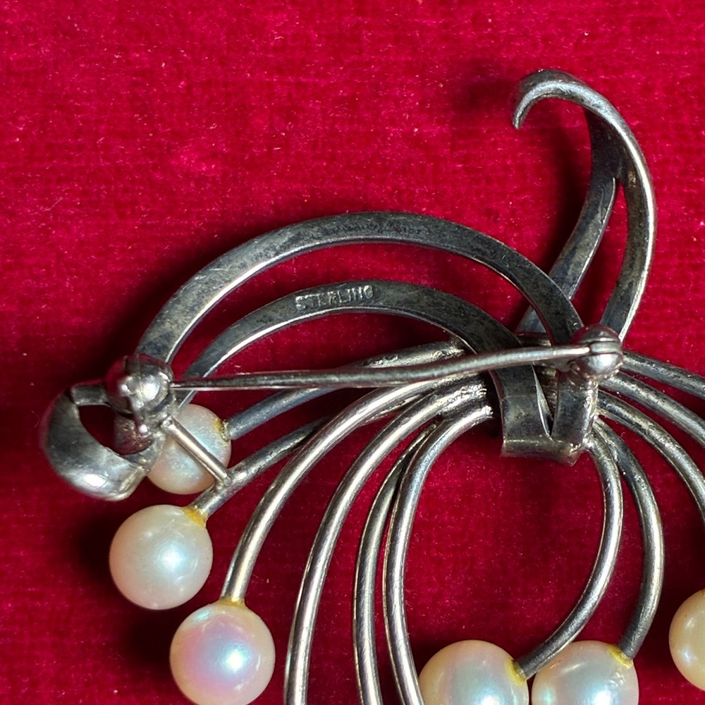 Vintage Japanese Akoya Pearl Sterling Silver Spray Brooch Pin - Picture 6 of 6
